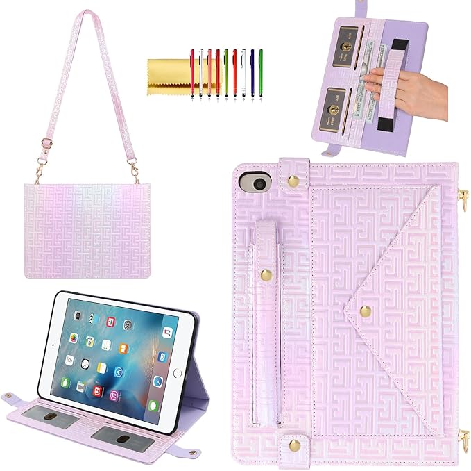 Shiny Case for iPad mini 5/4/3/2/1, Mini 7.9" Handbag Case, Techcircle Iridescent PU Leather Folio Envelope Pocket Stand Cover with Hand Strap+Shoulder Strap+Pencil Holder+Card Slots, Shiny Lilac
