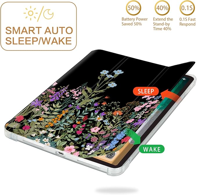 for iPad Air 11 Inch Case M4/M3/M2 2026, for iPads Air 5Th/4Th Gen Cases,for iPad Pro 11 Inch Case 4Th/3Rd/2Nd/1St Generation Slim Pencil Holder 2 Viewing Stand Typing Stand, Black Flower