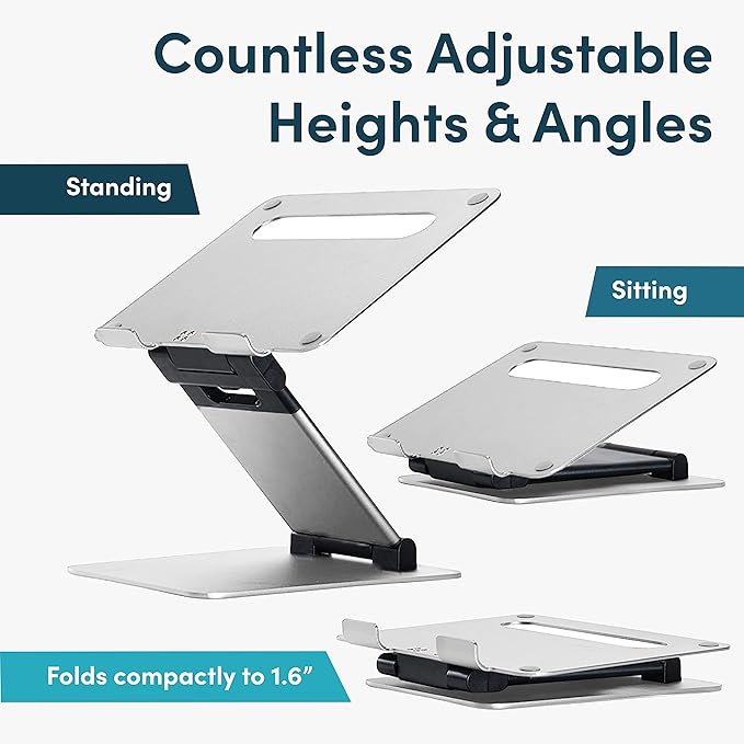 Lifelong Laptop Stand for Desk, Ergonomic Sit to Stand Premium Aluminum Laptop Holder, Adjustable Height from 2.1" to 20", Compatible with MacBook, All Laptops Tablets 11-17" - Silver