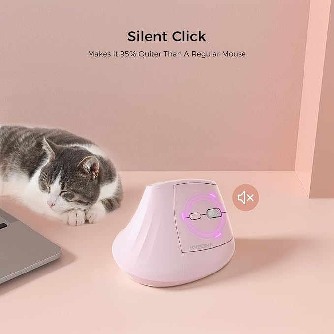 KYSONA 57° Ergonomic Wireless Tower Mouse, Vertical Quiet Ergo Mouse, Bluetooth(BT5.0,BT3.0)&2.4G, (800/1200/2400/2400/4000), 7 Buttons for Windows, macOS, iPadOS, Laptop, PC, Pink
