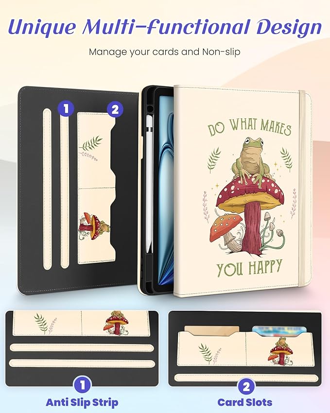 Kidcube for iPad Air 11 Inch Case M3/M2, Air 5th/4th Generation Cases 10.9'', Pro 11'' 2020 - Women Girls Aesthetic Cute Rotating Stand Folio Cover with Pencil Holder & Card Slot Cool Frog Mushroom