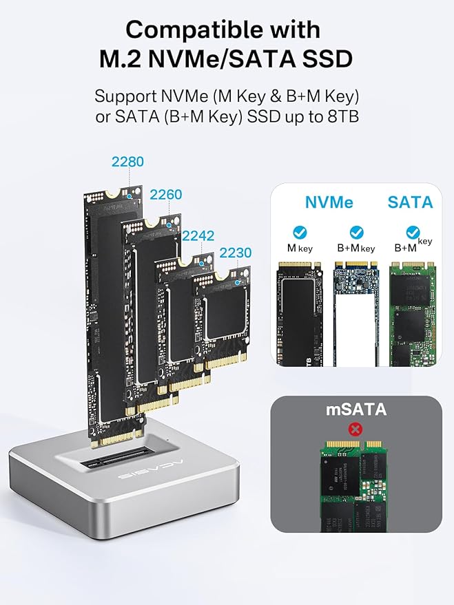 ACASIS NVME SSD Reader Adapter, Aluminium Alloy Housing Fast Heat Dissipation, NVME to USB Docking Station, M.2 SSD to USB Adapter 10Gbps, Support M.2 (M Key) NVMe SSD and (B+M Key) SATA-Based SSD
