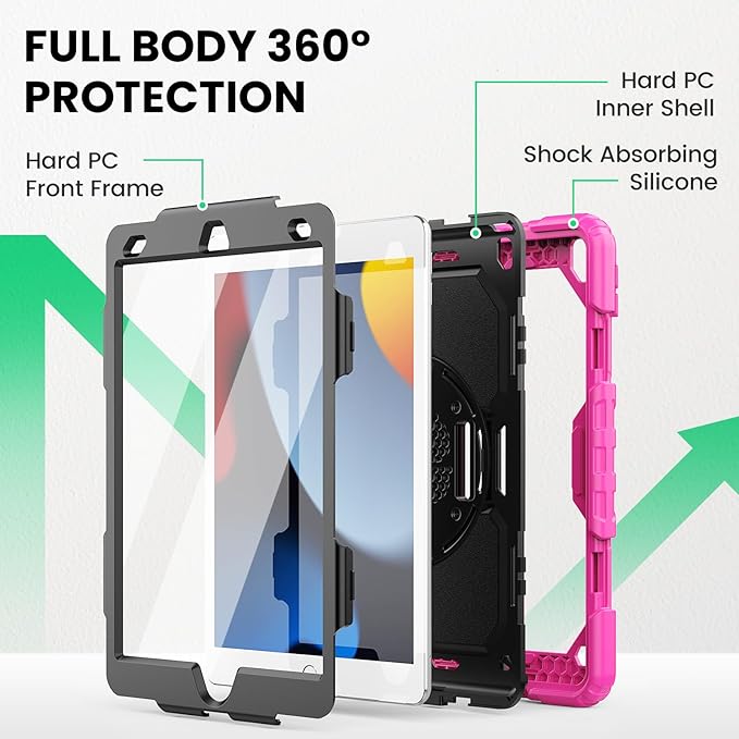 SEYMAC for iPad 9th/8th/7th Generation Case 10.2" 2021-2019, Full-Body Shockproof Heavy Duty Protective Case with Screen Protector, Rotating Stand/Handle/Shoulder Strap for iPad 10.2, Pink