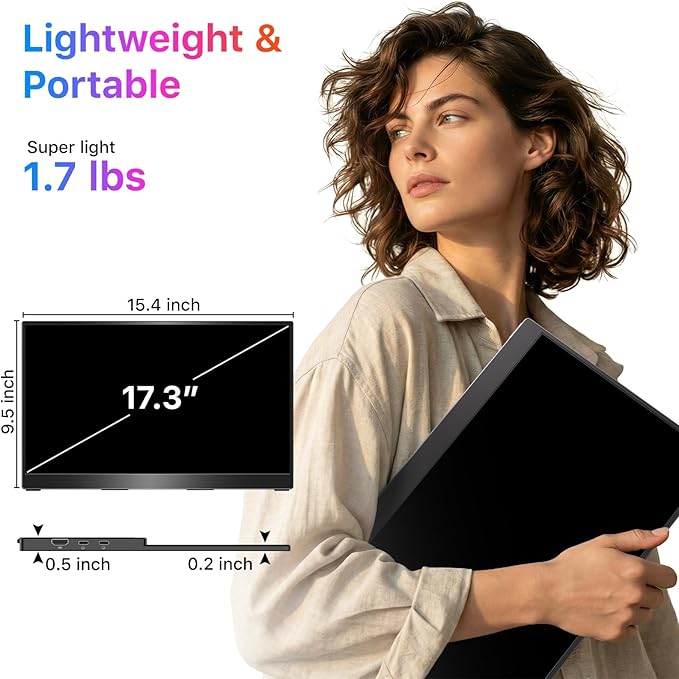 kksmart Portable Monitor for Laptop MacBook Surface PC Xbox PS5, Travel Monitor Second Screen for Laptop, HDMI USB-C VESA Compatible Built-in Speaker, 17.3