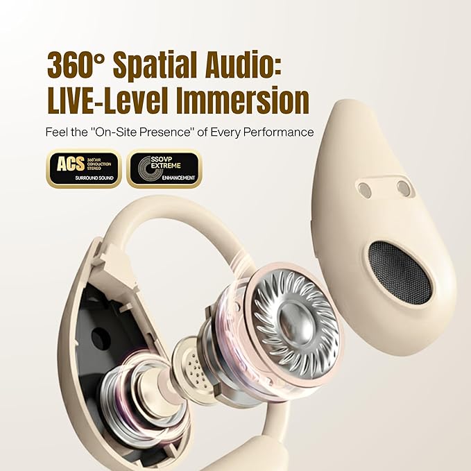 Wireless Earbuds with Ear Hooks, Over Ear Bluetooth Earbuds, Secure Fit, 60H Playtime, LED Display, IPX5 Waterproof (Beige)