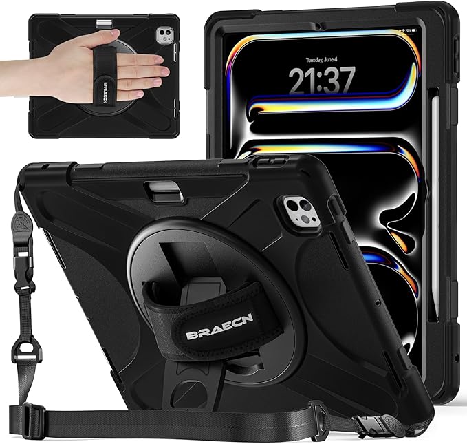 BRAECNstock for Apple iPad Pro 13 inch Case M5 2025 / M4 2024, Shockproof Protective with Pencil Holder, [360 Rotating Hand Strap & Stand], Shoulder Strap, Case for iPad Pro 13, Black