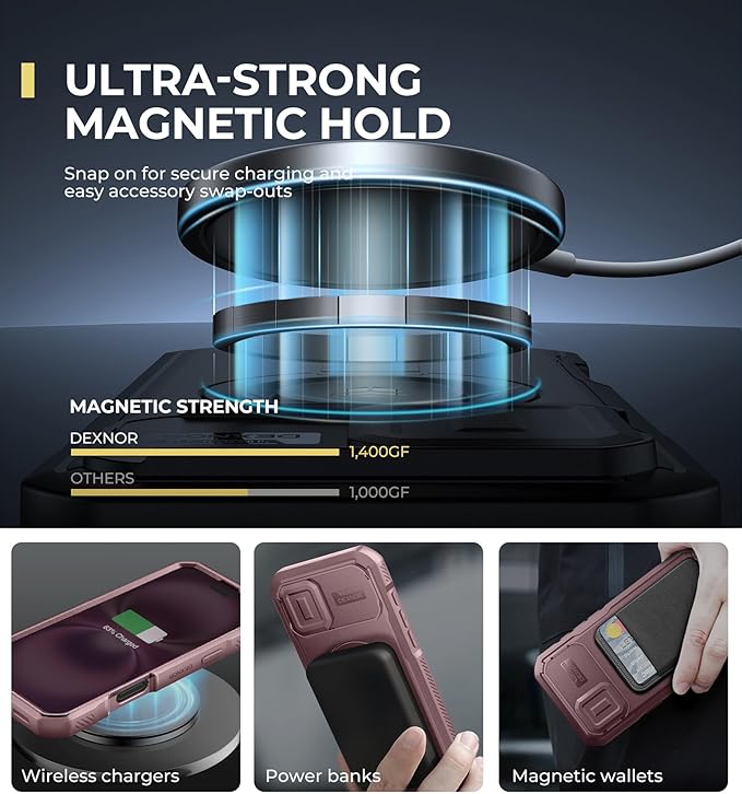 Dexnor for iPhone 16 Plus Case with Slide Camera Cover&Adjustable Kickstand & Built-in Screen Protector,Compatible with MagSafe Shockproof Bumper Cases Heavy-Duty Magnetic Protective Cover,Peony Pink