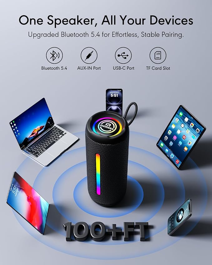 Portable Bluetooth Speaker, IPX7 Waterproof Wireless Speaker, 30W Loud Stereo Sound with Deep Bass, RGB Lights, Bluetooth 5.4, EQ Mode for Home/Party/Outdoor, Birthday Gifts for Men Women(Black)