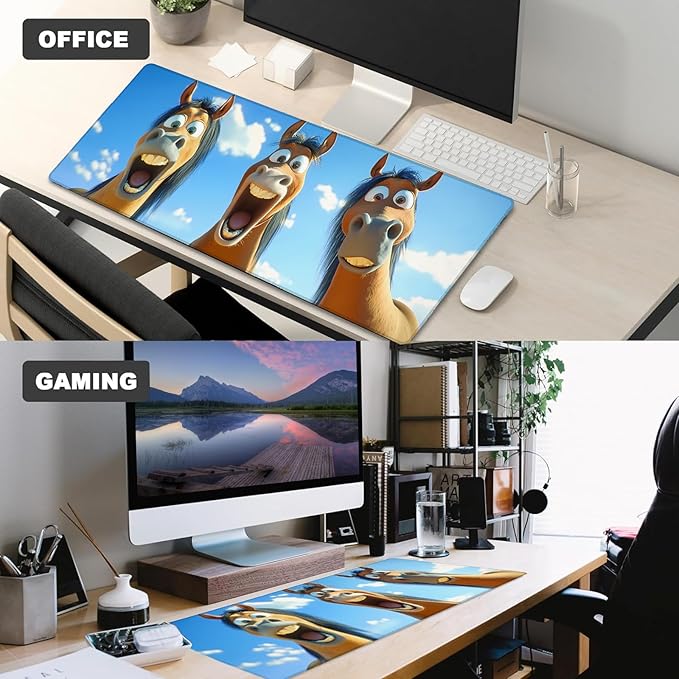 Funny Horse Cartoon Gaming Mouse Pad – 12x31.5in Large Extended Desk Mat with Hilarious Horses Faces Design – Non-Slip Rubber Mousepad for Office Home – Deskmat Gifts for Animal Lovers Decor