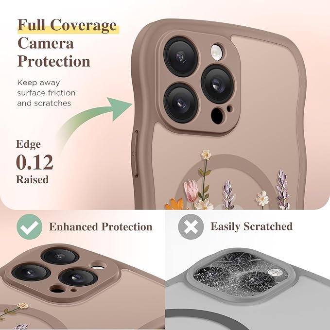 GVIEWIN for iPhone 14 Pro Case Compatible with MagSafe [Curly Wave Edge][Full Camera Protection] Floral Translucent Shockproof Magnetic Women Phone Case for 14 Pro, Primrose/Brown