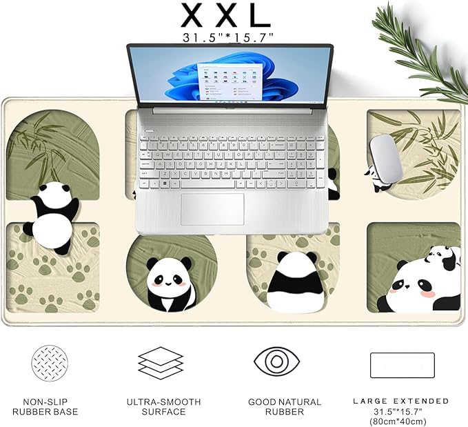 Cute Kawaii Panda Desk Mat Large Beige Mouse Pad XXL Mouse Pad Keyboard Mat, Cute Desk Accessories Office Decor, Extended Mousepad 31.5 X15.7 Non-Slip Rubber Base with Stitched Edges
