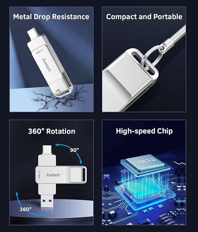 JOSTART USB C Flash Drive128GB, High Speed USB 3.2 Memory Stick, 500MB/s USB C Thumb Drive Photo Stick for iPhone 15 Series/PS4/USB C iPad/OTG Android/Windows/Mac OS/iOS/Linux