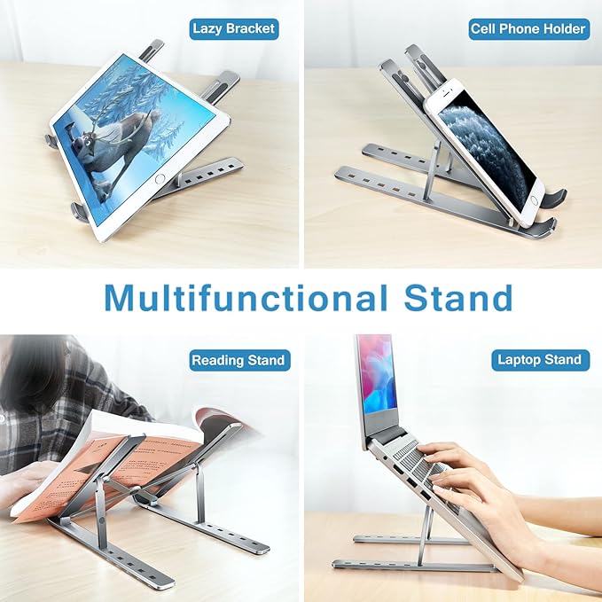ivoler Laptop Stand, Laptop Holder Riser Computer Tablet Stand, 6 Angles Adjustable Aluminum Ergonomic Foldable Portable Desktop Holder Compatible with MacBook,iPad, HP, Dell, Lenovo 10-15.6” Gray
