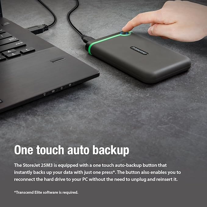 Transcend StoreJet 2TB Rugged External Hard Drive, USB3.1(5Gbps) Portable HDD w/One Touch Auto-Backup Button/Anti-Shock Resistant/Compact&Lightweight/Lightning-Fast Speeds, Iron Gray - TS2TSJ25M3S