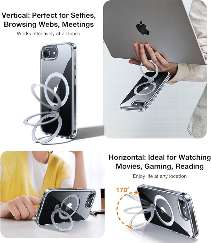 TORRAS 360 Spin for iPhone 17e Case & iPhone 16e case with Stand, Fit for MagSafe, 4X Military-Grade Protective, Stand Phone Case for iPhone 17e Case, Ring Holder Slim Cover, Crystal Clear 6.1''