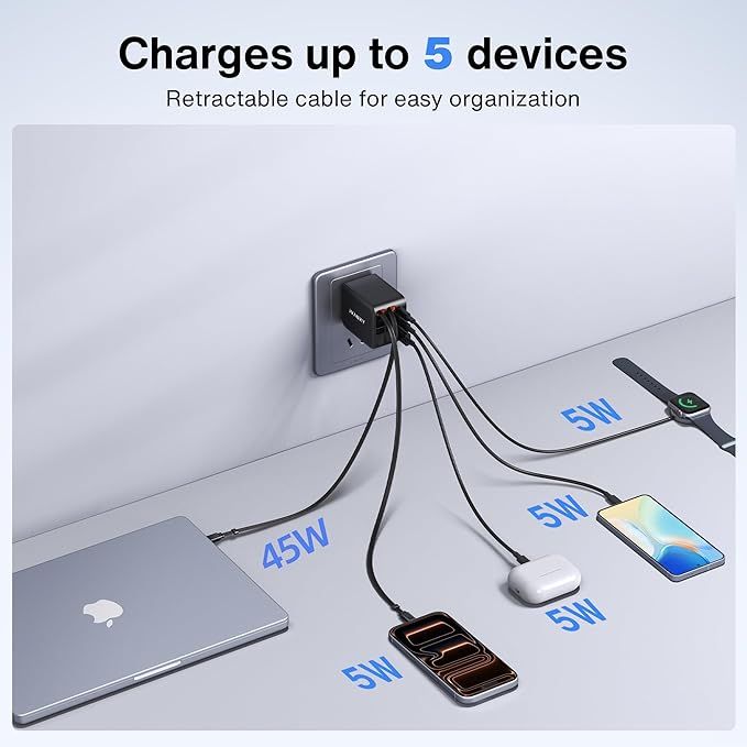 iVANKY 65W Retractable Wall Charger for MacBook, 5-in-1 USB C GaN Charger Block with Dual USB C Cables, 33.5 inches, PD PPS Fast Charging, 5-Port Power Adapter for Laptop/iPhone 17/16/15/14 Pro Max