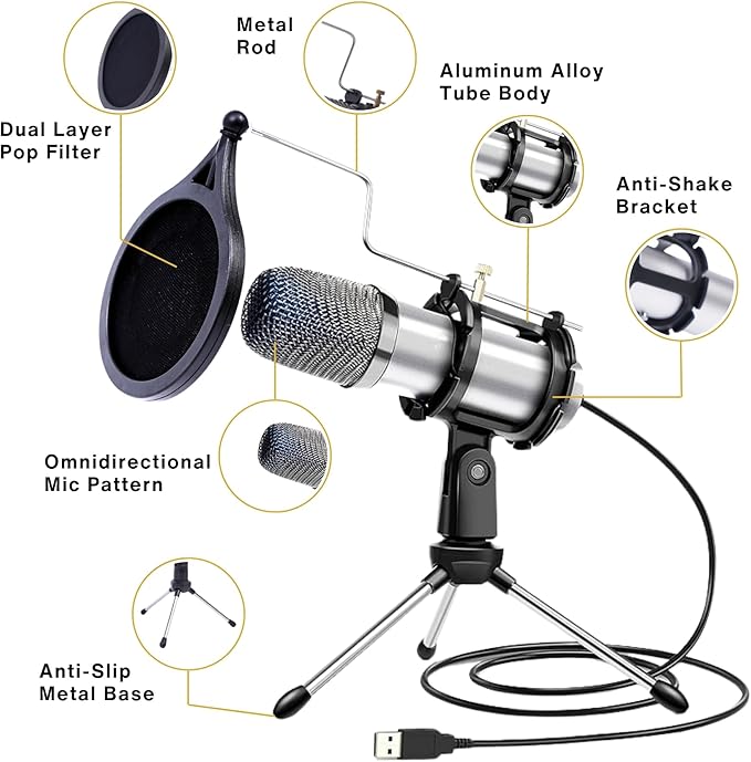 Omnidirectional Condenser Podcast Microphone for Computer - USB Microphone for PC - Gaming Mic for Streaming PC - Recording Mic for Singing w/Pop Filter, Shock Mount & Tripod - Music Studio Equipment