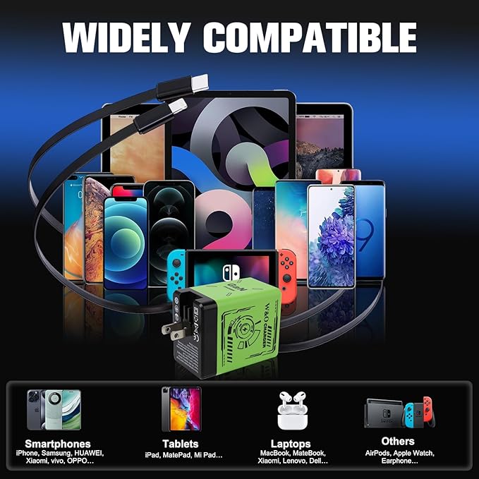 W&O 2-in-1 GaN Compatible with Fast Charger, GaN Charger Fast Charging, Retractable Phone Chargers Wall Plug with Lightning and Type-C Cables, Foldable Chargers for iPhone&Most Android