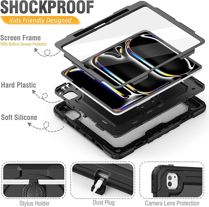 HXCASEAC for iPad Pro 13 Inch Case (M5/M4) 2025/2024,Shockproof Design with Pencil Holder, Protector, Rotating Stand, Hand Strap, Heavy Duty Protective iPad Pro13 Cover A3360 A3361 A2925 A2926,Black