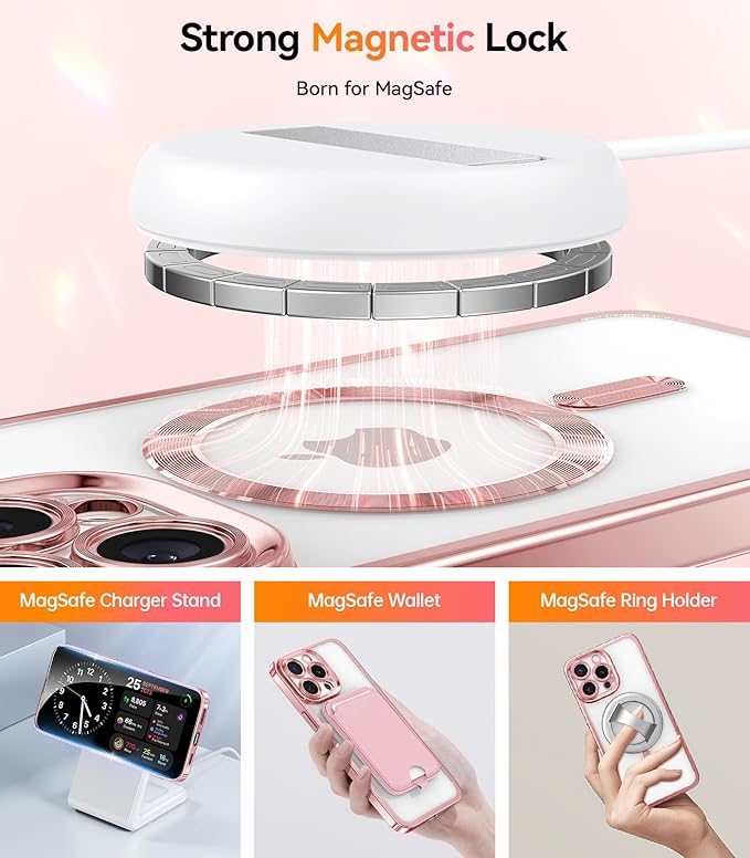 Meifigno for iPhone 15 Pro Case 6.1", [Glitter Card & Wrist Strap] [Compatible with MagSafe] [2X Screen Protectors] Surround Raised Camera Lens Protection for 15 Pro Case, Rose Gold