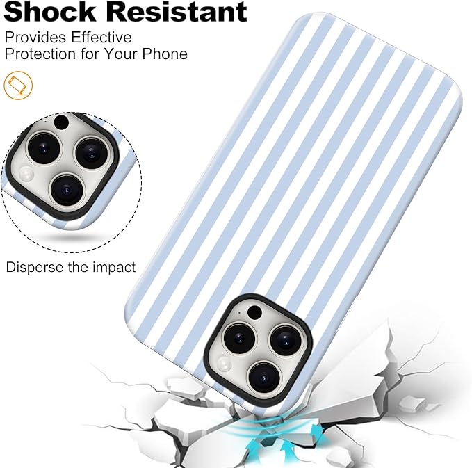 Magnetic for iPhone 16 Plus Case Cute Stripes Phone Case, Shockproof Slim TPU and Hard PC Protective Phone Cover Compatible with MagSafe Designed for Women Girls, Blue and White