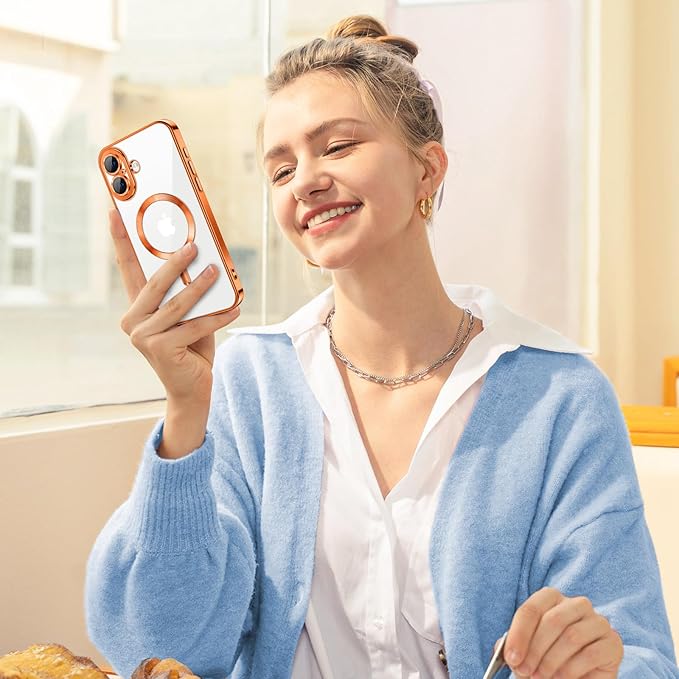 Hython Magnetic Clear for iPhone 16 Case with Camera Lens Protector [Compatible with MagSafe] Luxury Plating Edge Slim Soft TPU Cover Protective Phone Case for iPhone 16 6.1", Orange