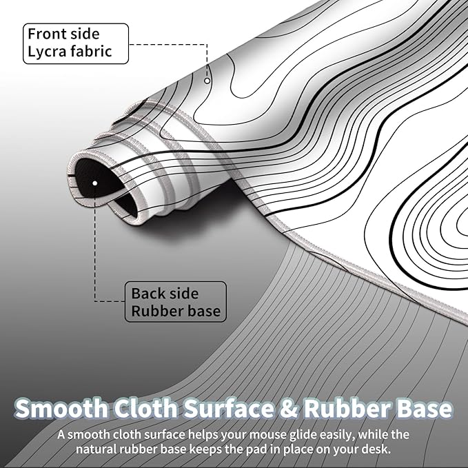 Topographic Map Large Mouse Pad, Black and White Desk Pad for Keyboard and Mouse, 35.5" X 15.75" Computer Gaming Mouse Mat 3mm Thick XXL Rubber Mousepad for Laptop Gamer, White Lines Contour