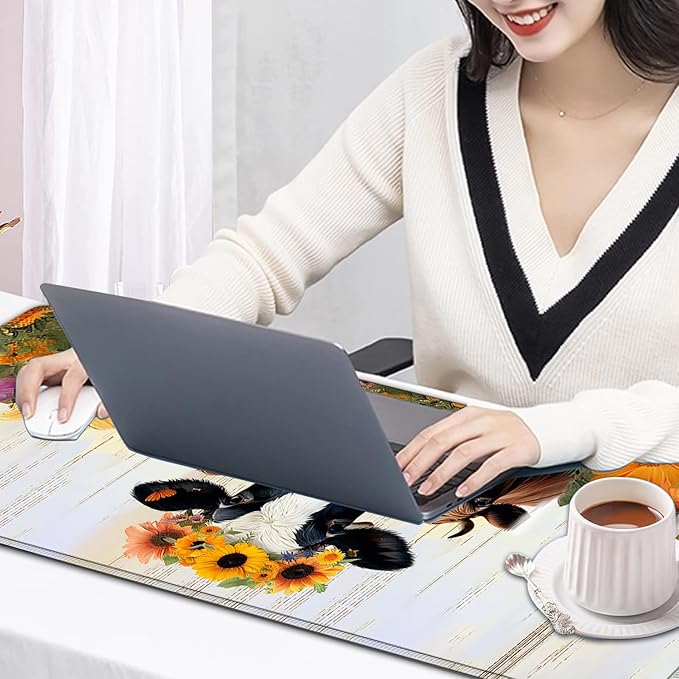 Large Mouse Pad, 31.5 x 11.8in Extended Gaming Mouse Pad with Stitched Edges, XXL Mousepad Protector Non Slip Rubber Base for Office & Home Writing Mat, Sunflowers Farmhouse Cow Pattern White Desk Mat
