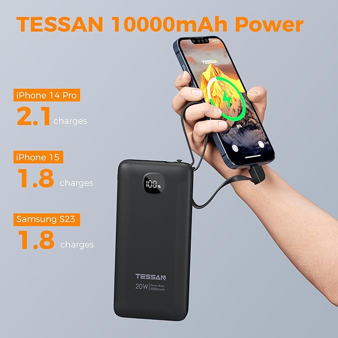 TESSAN Portable Charger with Built in Cables, 10000mAh Power Bank Fast Charging with Foldable AC Plug, PD20W Compact Battery Pack Travel Essentials for iPhone 17/16/15 Series, Samsung, Tablets, Black