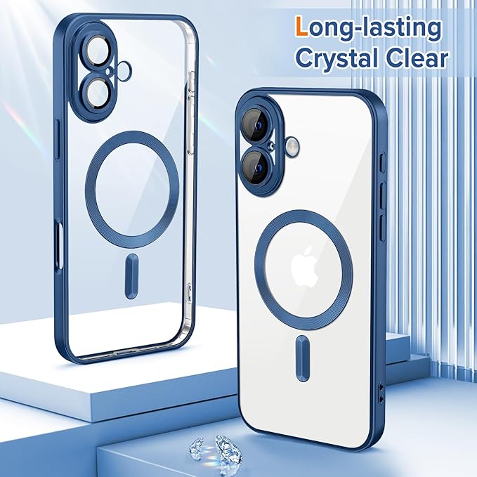 Hython Magnetic Clear for iPhone 16 Case with Camera Lens Protector [Compatible with MagSafe] Luxury Plating Edge Slim Soft TPU Cover Protective Phone Case for iPhone 16 6.1", Matte Deep Blue