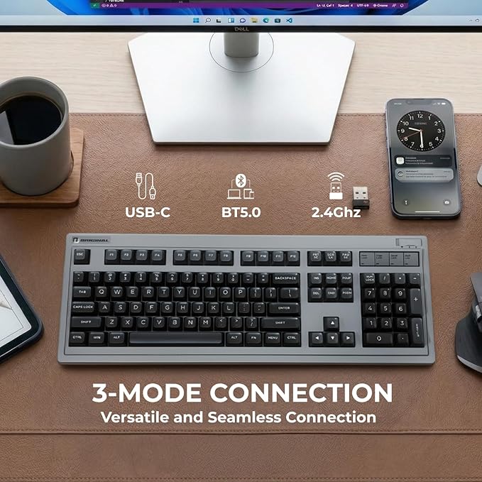 FL·ESPORTS OG104 Retro Tri-Mode Mechanical Keyboard, 104 Keys Heavy Gaming Keyboard, Hot Swappable, SA Profile PBT Keycaps, 4000mAh for Mac/PC - Pre-lubed Creamy Linear Switches | Brown