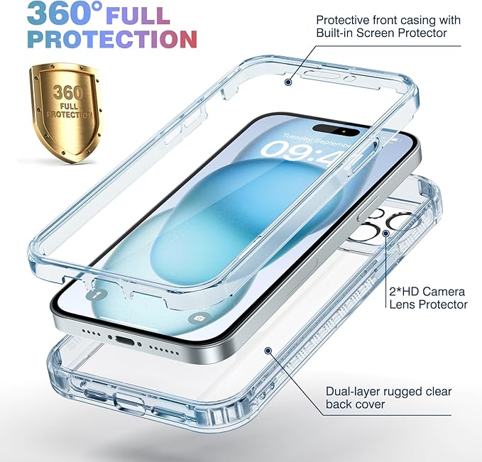 Diaclara Designed for iPhone 15 Case, Full Body Rugged Case with Built-in Touch Sensitive Anti-Scratch Screen Protector, with Camera Lens Protector for iPhone 15 6.1" (Clear Blue)