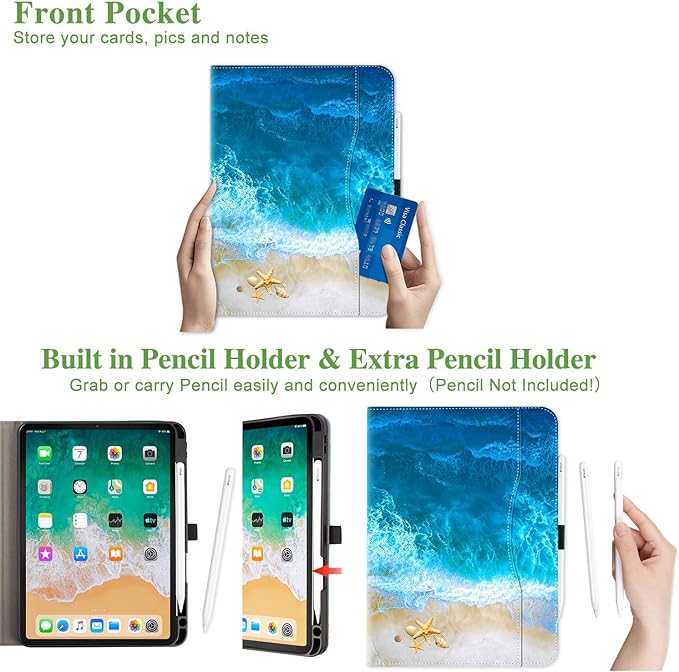 Vimorco for iPad Pro 13 Inch Case M5/M4 2025/2024, for iPad Pro 13 Case for Girls Women, Pencil Holder/Hand Strap/Pocket/Screen Protection Band, 3 Adjustable Angles for iPad 13 Pro Cover, Ocean Beach