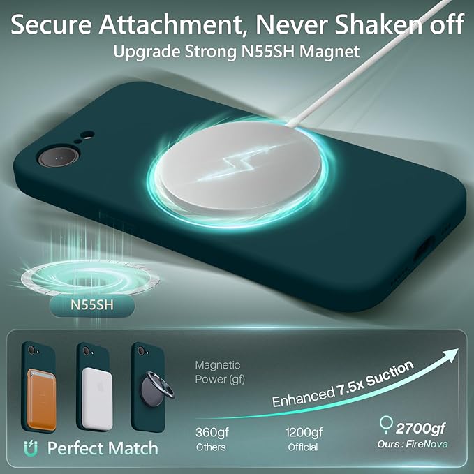 FireNova Magnetic for iPhone 17e Case/iPhone 16e Case, Compatible with MagSafe, [Silicone Camera Protection] Microfiber Lining Phone Case, 6.1", Teal