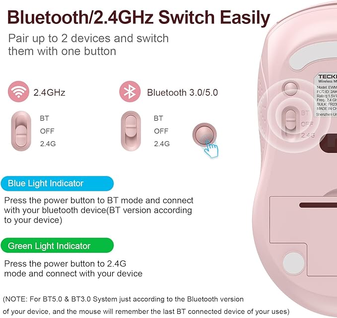 TECKNET Bluetooth Mouse, 4000DPI Wireless Mice for Laptop 2-in-1(BT 5.0/3.0+2.4Ghz) Computer Portable PC Mouse Wireless with USB Receiver for Mac (USB-A+Bluetooth, Pink)
