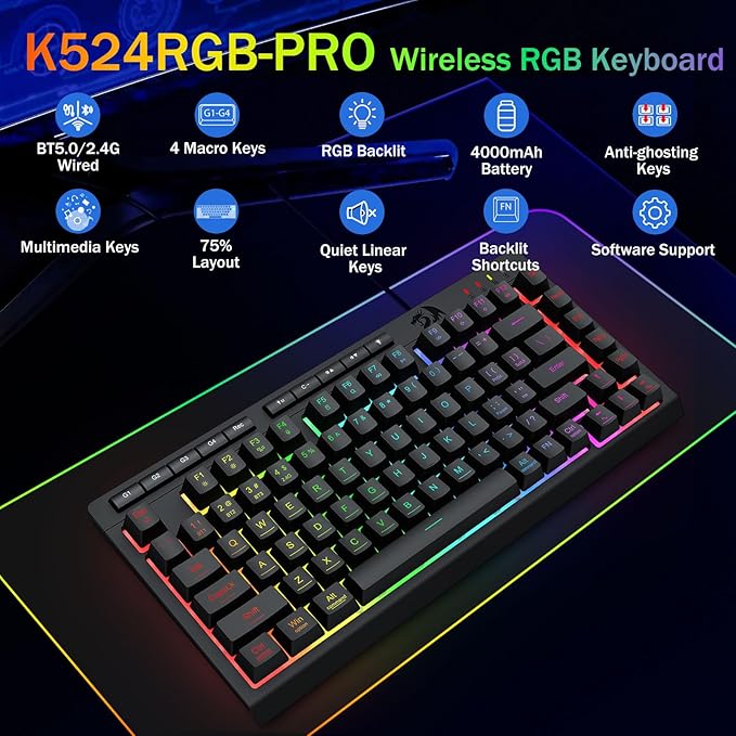 Redragon Wireless Gaming Keyboard, Bluetooth/2.4GHz/USB-C Wired, RGB Backlit, Portable 75% Mini Quiet Macro Membrane Keyboard, Rechargeable 4000mAh Battery, Anti-Ghosting for Win/MAC