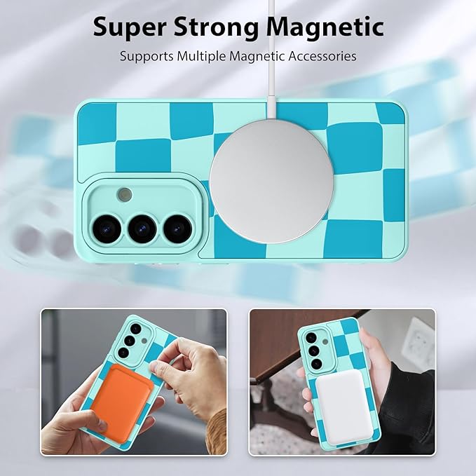 KANGHAR Compatible with Samsung Galaxy S26 Case, Support for MagSafe, Silicone Checkered Cute Pattern, Wristband Kickstand Camera Protection Soft Slim Cover for Girls Women -Blue