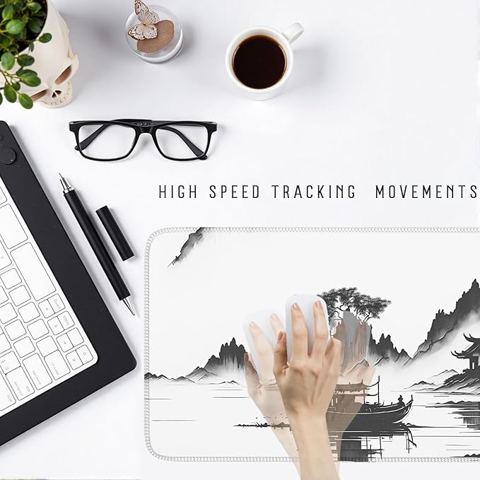 Chinoiserie Mouse Pad Black White Large Ink Painting Desk Mat Landscape XXL Large Gaming Mouse Mat for Office,Computer,Keyboard,Laptop and Home Desk Mat 31.5 X 15.7inch