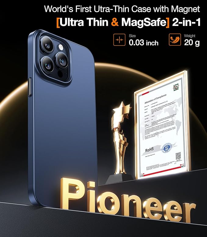 TORRAS Magnetic Slim-Fit for iPhone 15 Pro Max Case, Ultra-Thin 15 ProMax Phone Case Compatible with MagSafe, Lightweight Anti-Scratch Matte Hard Phone 15 ProMax Case 6.7 inch OriginFit, Navy Blue