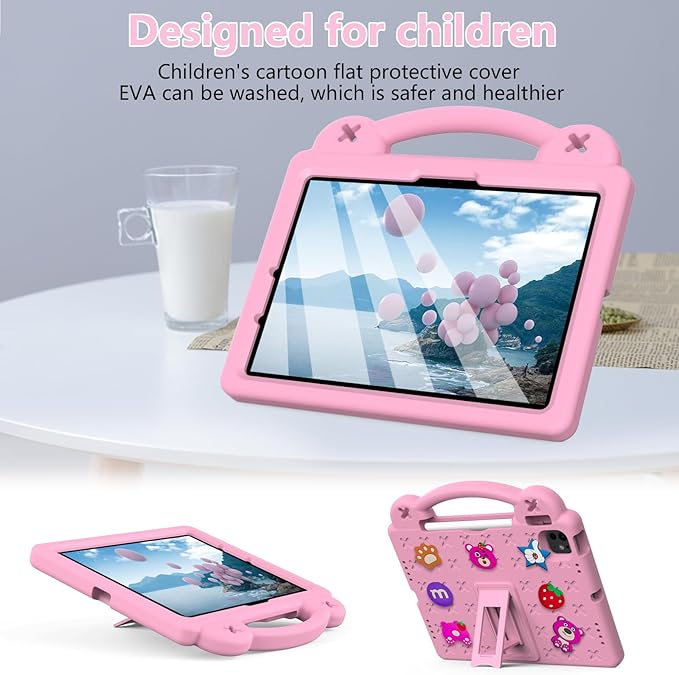 Dteck Case for iPad Air 5th/4th Gen 10.9" 2022/2020,iPad Pro 11 inch 4th/3rd/2nd/1st Gen,Strawberry Panda Shockproof Rugged Lightweight Convertible Handles Stand Kids Friendly Pencil Holder Case,Pink