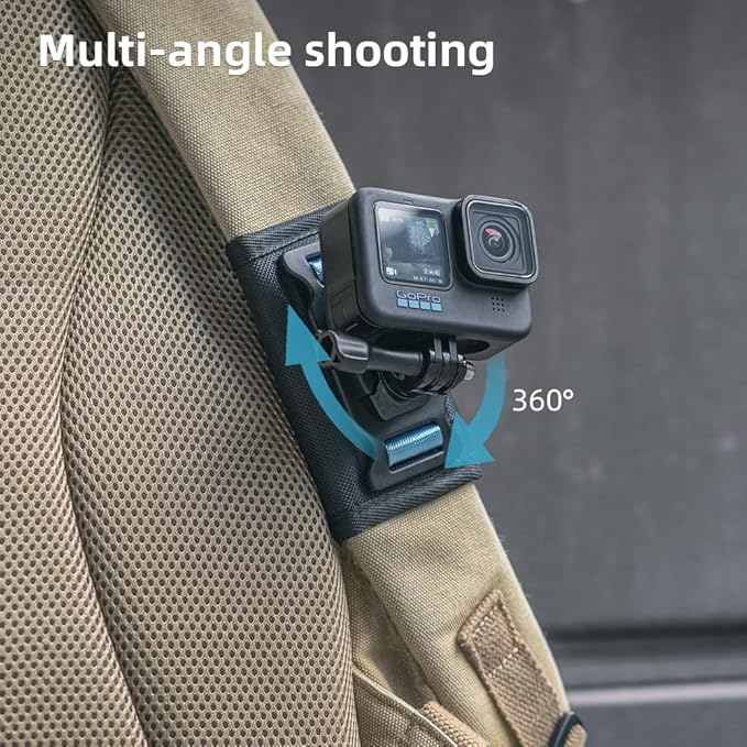 Backpack Shoulder Strap Mount Camera with Adjustable Shoulder Pad and 360 Degree Rotating Base, Bag Belt Holder Clip Compatible with GoPro Hero 13/12/11/9/8, DJI Action 6/5 Pro/4, AKASO and More