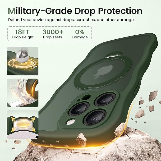 CAPRARO for iPhone 13 Pro Case with 360° Spin Magnetic Stand for Women, [Compatible with MagSafe] [Full Camera Protection] Cute Wave Translucent Matte Case for iPhone 13 Pro, Dark Green