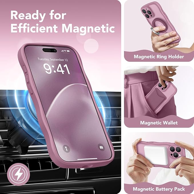 CAPRARO for iPhone 16 Pro Case for Women Girls, Upgraded [Full Camera Protection] [Compatible with MagSafe] Cute Wave Translucent Matte Phone Case for iPhone 16 Pro, Black Currant