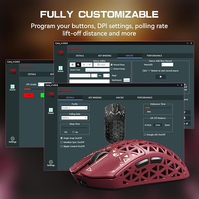 MAMBASNAKE M5 Ultra Carbon Fiber 8KHz Wireless Gaming Mouse,PAW3950MAX Sensor 42K DPI,39g Superlight Tri-Mode 2.4GHz/BT/Wired Computer Mice,Web Driver Support,for Win/Mac/FPS/MOBA/Esports-Red (A)