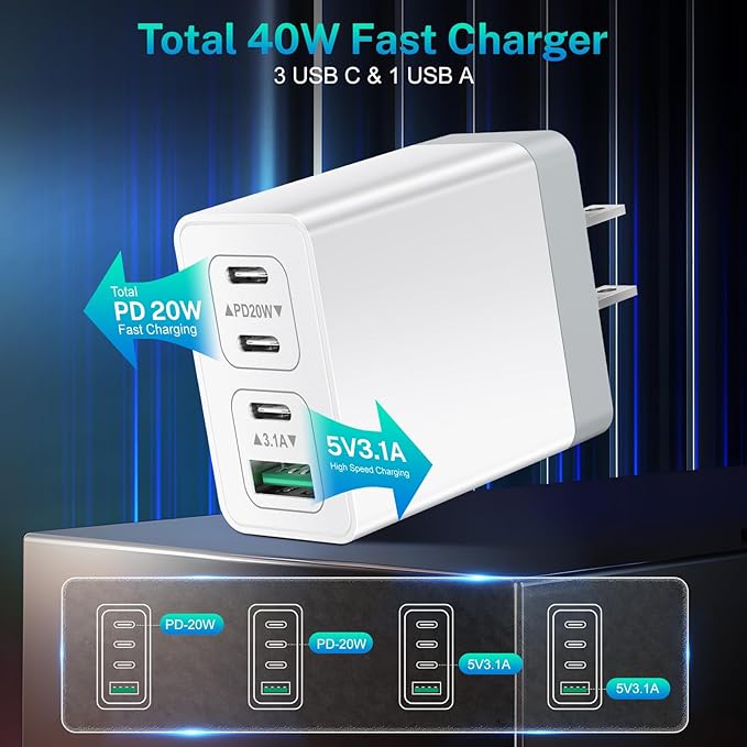 USB C Charger Block 40W Type C Fast Charging Blocks Multiport USB Wall Charger Plug Power Adapter Outlet Phone Accessories 4Port for iPhone 15 Pro Max XS, iPad, Samsung Tablet (White)