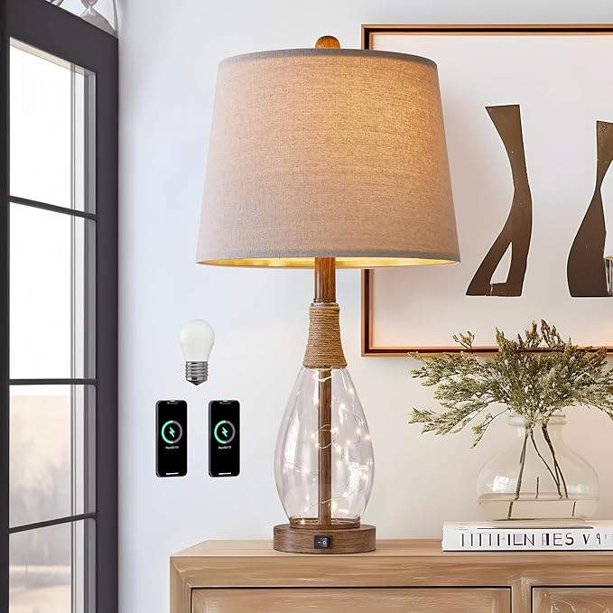 OYEARS 23" USB A+C Table Lamps for Bedroom Living Room Modern Bedside Lamps Retro Farmhouse Rattan Glass Nightstand Nightlight Lamps,Two Light Points