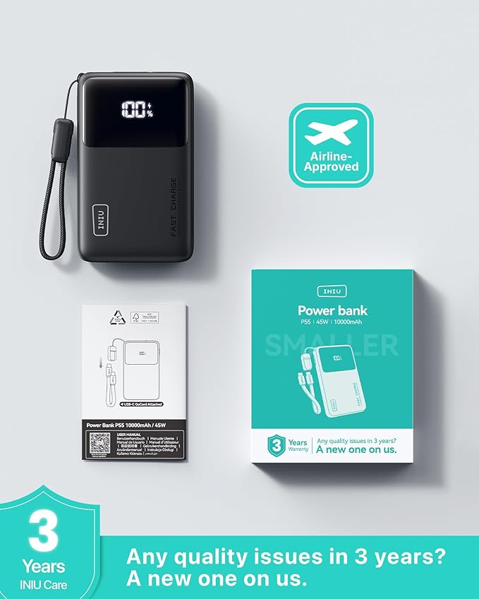INIU Ultra Compact Portable Charger, 10000mAh 45W Fast Charging Power Bank with Detachable USB-C Cable & Stand, Flight-Safe Travel Battery Pack for iPhone 17 16 15 Pro Max Air, Samsung S26, iPad, etc
