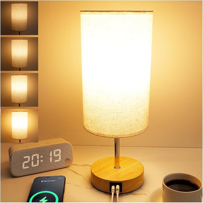 UNIFUN Touch Control Bedside Table Lamp with USB-C Charging Ports, 4-Way Dimmable Nightstand Lamp with Wood Base & Fabric Shade for Bedroom Living Room