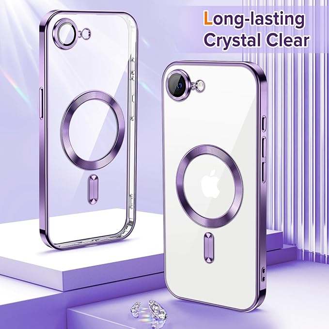 Hython Magnetic Clear for iPhone 16e Case with Camera Lens Protector [Compatible with MagSafe] Luxury Plating Edge Slim Soft TPU Cover Protective Phone Case for iPhone 16e 6.1", Deep Purple