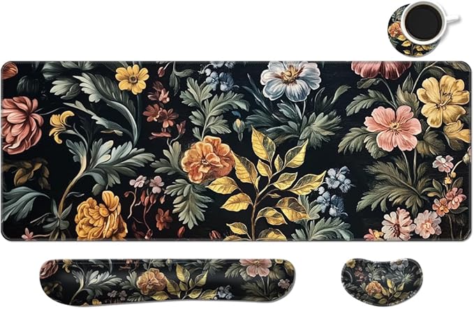 MIBITRI Keyboard Mouse Pad Set, Extended Gaming Mouse Pad+Ergonomics Keyboard Wrist Rest Support, Memory Foam, Easy Typing Pain Relief, 4Pcs XXL Ultra Thick Desk Mat, Elegant Flowers